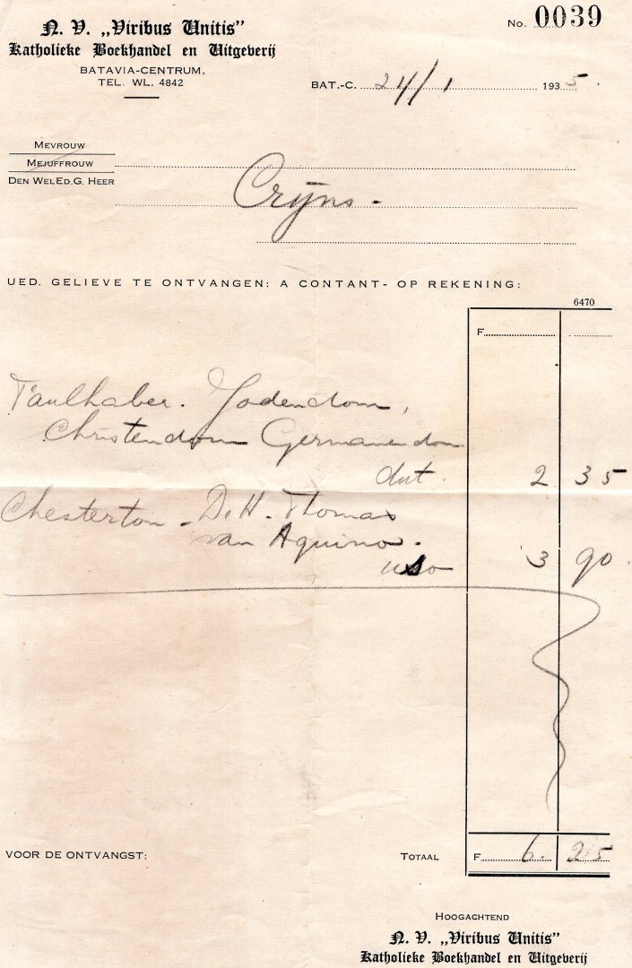  - Factuur katholieke boekhandel en uitgeverij NV Viribus Unitis Batavia dd 21/1/ 1935