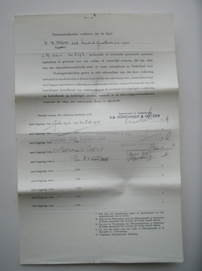 (genealogie, zaanstreek). - Inleverings-overeenkomst. Ondergeteekenden verklaren dat de 6% obligatie cert. Duitsche Grootboek per 1940