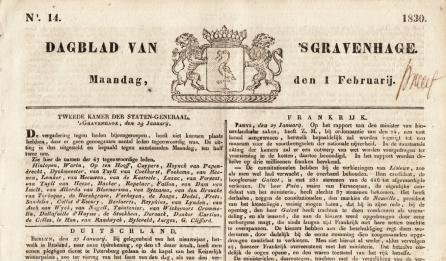 DEN HAAG - Dagblad van 's Gravenhage. 1830, nr. 12-15, 18-21 en 23, tussen 27 Januarij en 22 Februarij 1830.