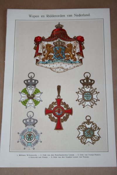  - Antieke kleuren lithografie - Wapen en ridderorden van Nederland - circa 1905