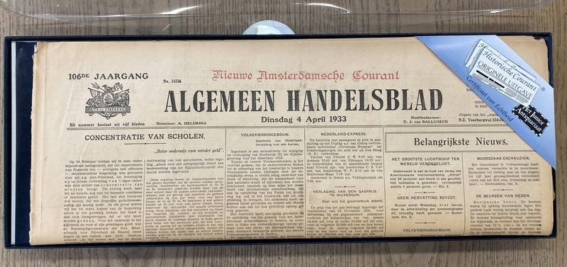 ALGEMEEN HANDELSBLAD. - Algemeen Handelsblad Dinsdag 4 april 1933. Historische Courant. Originele KRANT met Certificaat van Echtheid [van het Junior Antiquariaat in cadeauverpakking]
