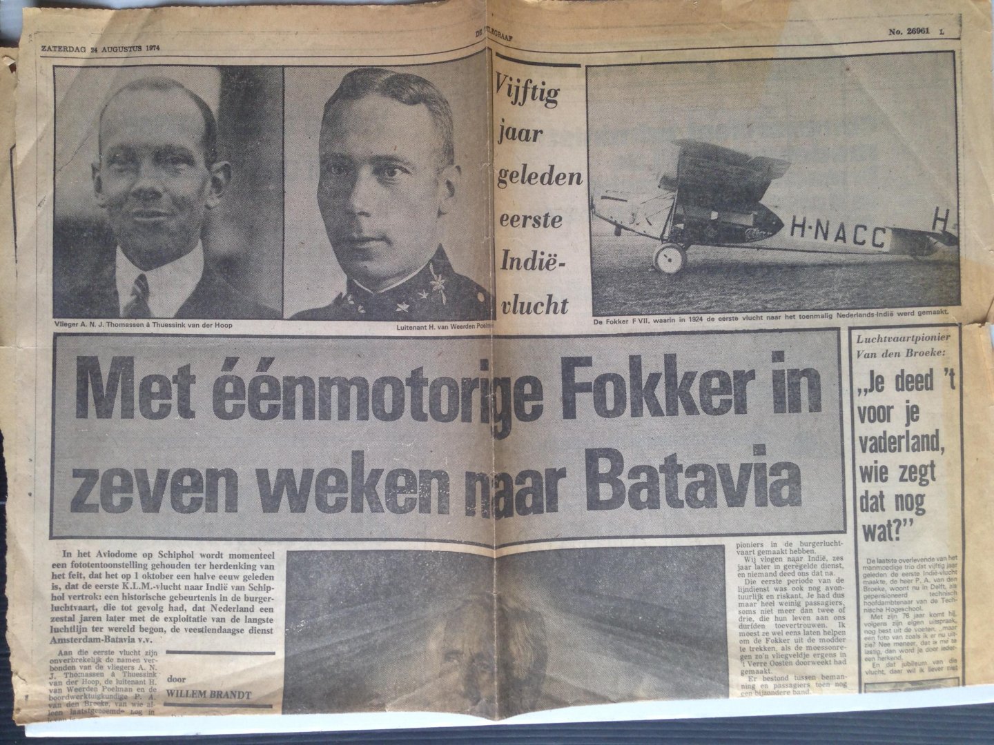  - Artikel Met nmotorige Fokker in zeven weken naar Batavia, 50 jaar geleden eerste Indie-vlucht