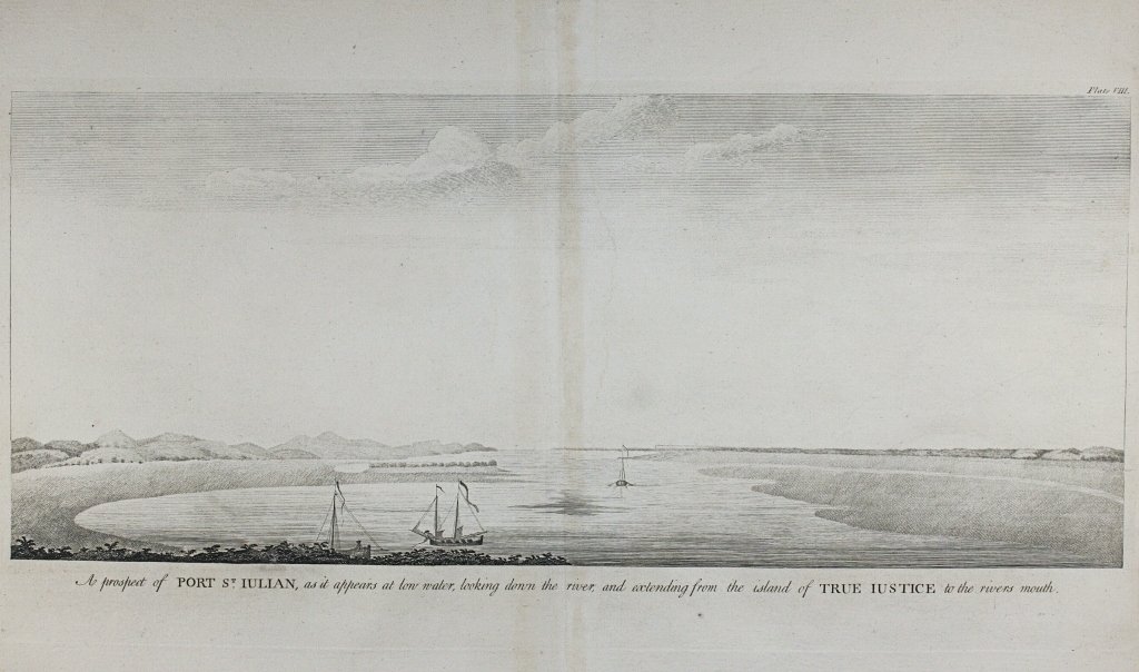Anson, George - A prospect of Port St. Iulian, as it appears at low water, looking down the river, and extending from the Island of True Justice to the rivers mouth