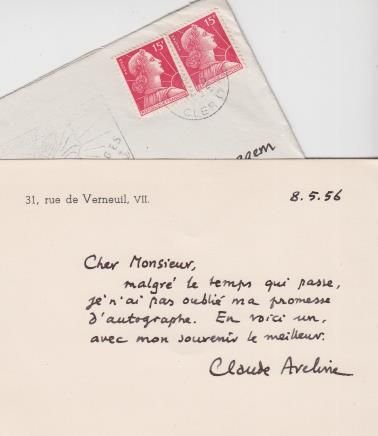 AVELINE, Claude - Carte manuscrite signée à Manuel van Loggem, avec enveloppe.