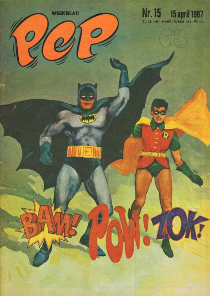 Diverse  tekenaars - PEP 1967 nr. 15, stripweekblad, 15 april met o.a.BATMAN & ROBIN (COVER TEKENING)/DIVERSE STRIPS/KLEINE FOTO'S + ARTIKEL (CUBY + BLIZZARDS/ELLY NIEMAN/CONNY VAN DEN BOS/EASYBEATS), goede, gebruikte staat