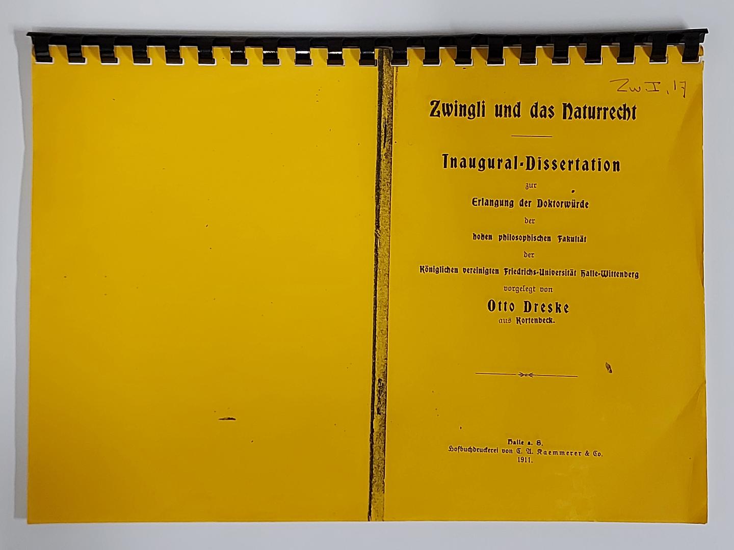 Dreske, Otto - Zwingli und das Naturrecht. Inaugural Dissertation