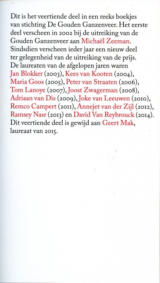 Mak, Geert/ Dessing, Maarten (red.) - Gouden Ganzenveer 2015