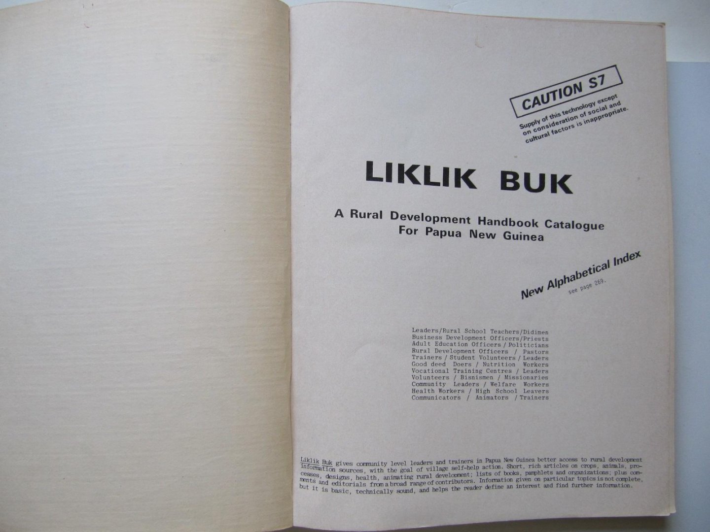 P.R. Hale and B.D. Williams - Liklik Buk, A rural Development Handbook Catalogue for Papua New Guinea