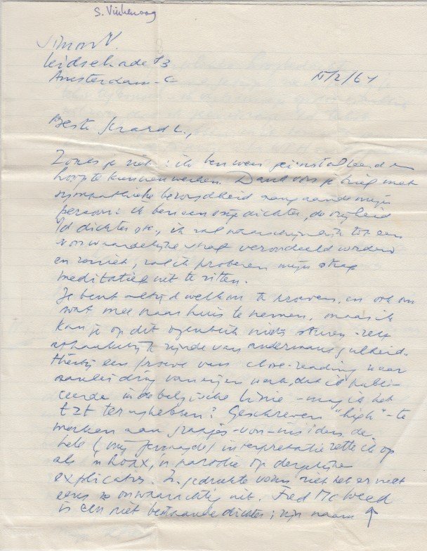 Vinkenoog, Simon - Handgeschreven brief aan Gerard Luyendijk.