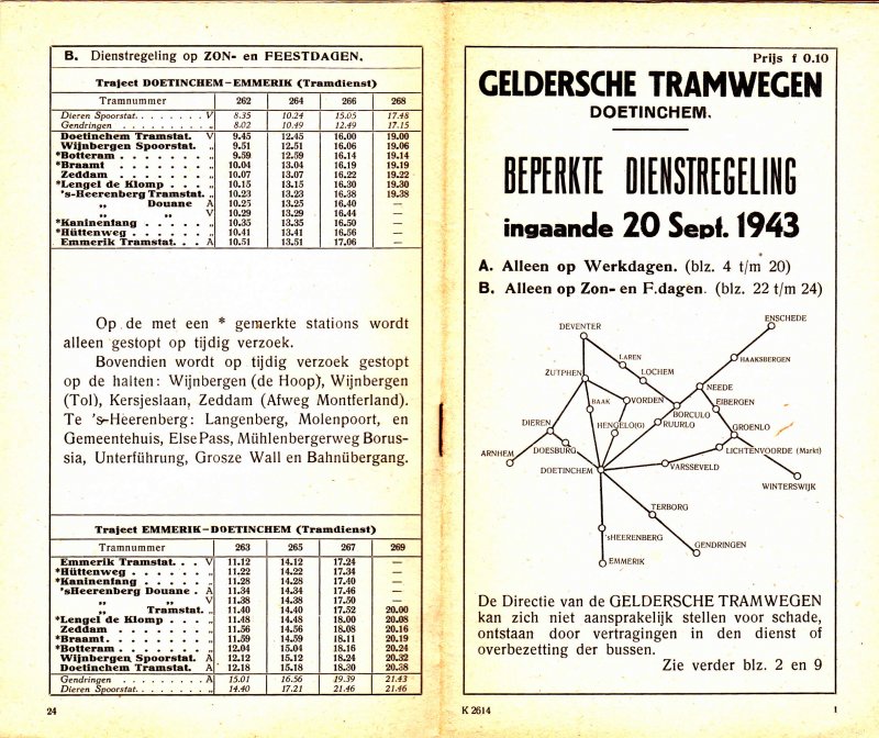  - Geldersche Tramwegen G.T.W.  dienstregeling 20 sept.1943