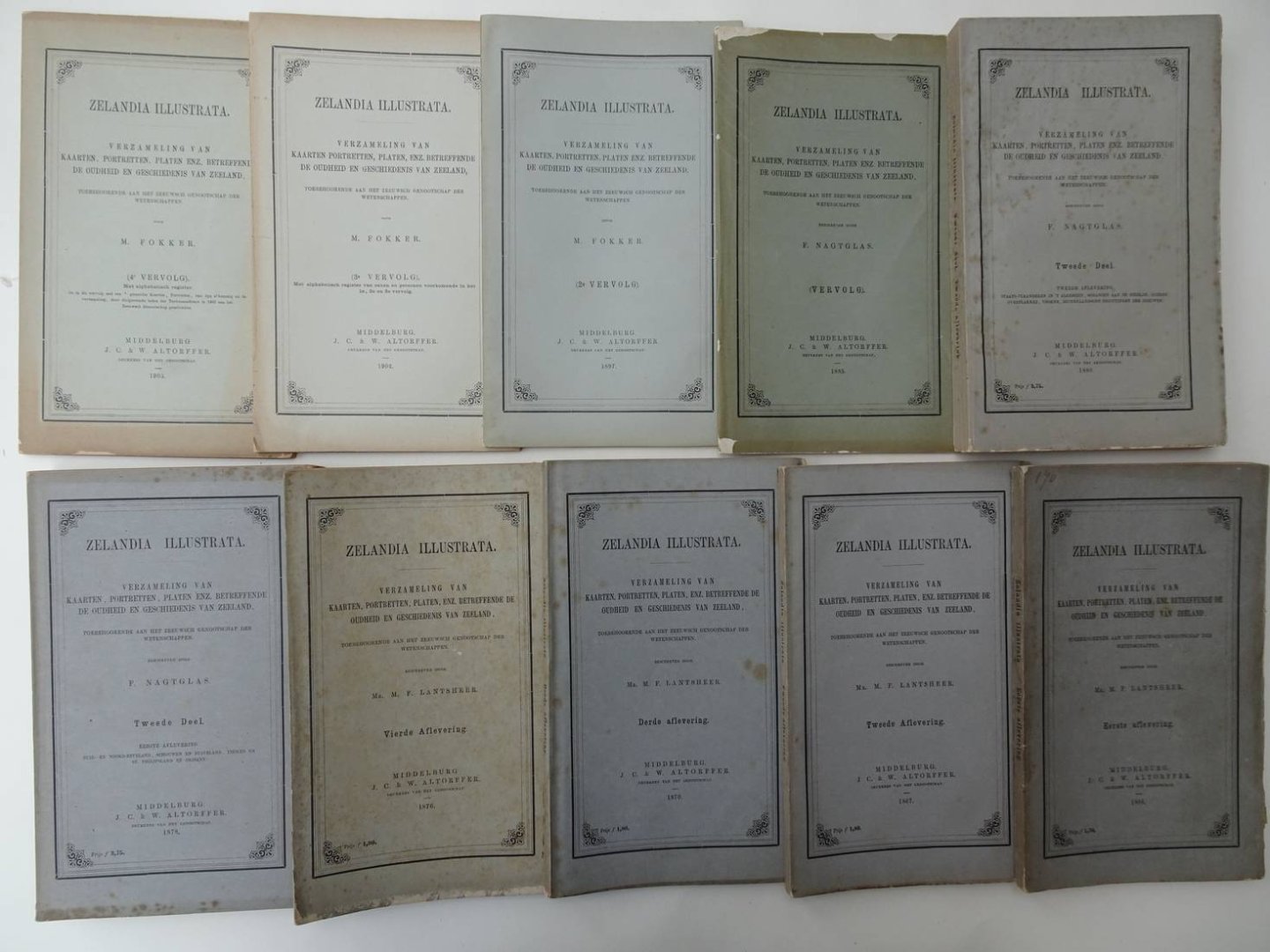 Lantsheer, M.F., F. Nagtglas & M. Fokker. - Zelandia Illustrata. Verzameling van kaarten, portretten, platen, enz., betreffende de oudheid en geschiedenis van Zeeland. Toebehoorende aan het Zeeuwsch Genootschap der Wetenschappen. Eerste aflevering, tweede aflevering, derde aflevering, v...