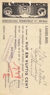 DE WAPENS NEDER - Kwitantie voor een abonnement op De Wapens Neder, Maand-orgaan van de Internationale Anti-Militaristische Vereeniging in Nederland, 1919.