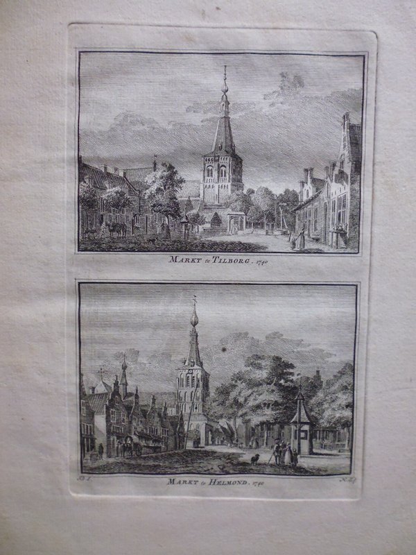 H. Spilman - Markt te Tilborg / Markt te Helmond 1740 - Originele kopergravure