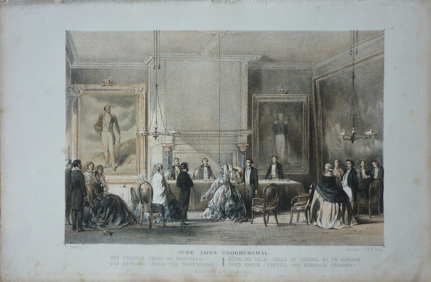 Witkamp, P.H.  Hekking, W. - Oude zijds Voorburgwal Het stadhuis (raad en trouwzaal). Originele kleurenlitho.
