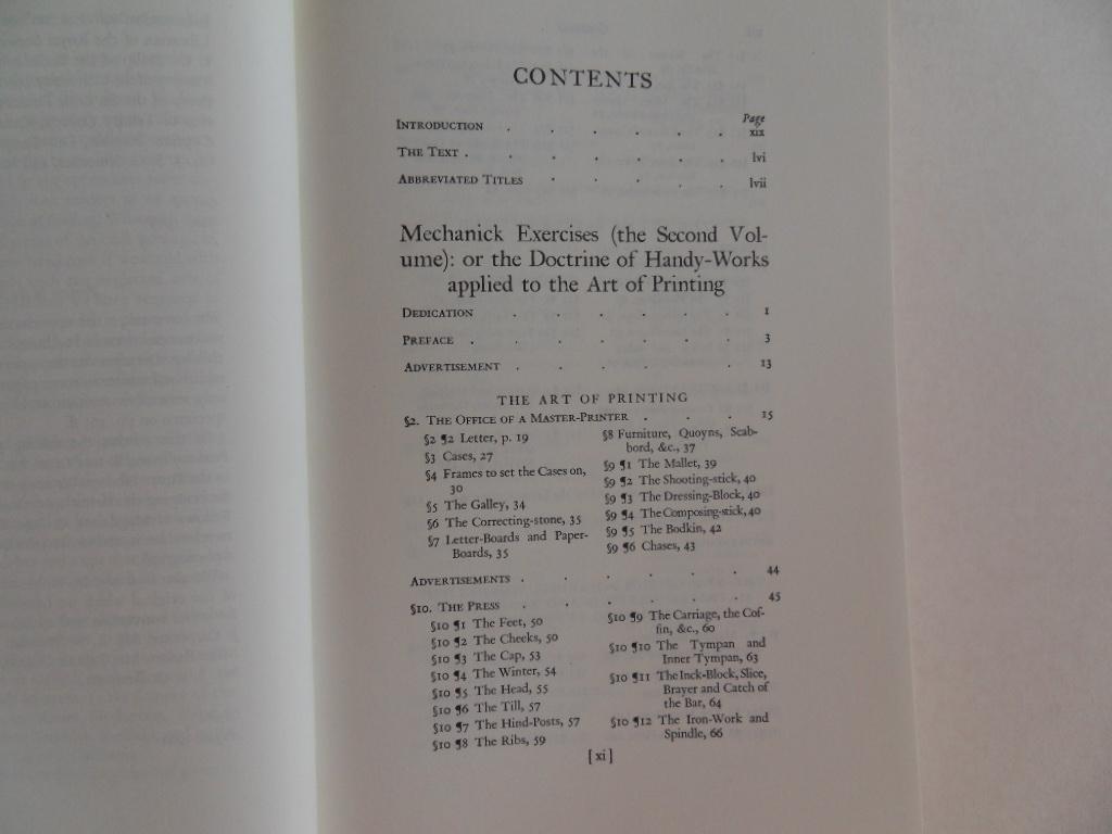 Moxon, Joseph. - Mechanick Excercises on the Whole Art of Printing. [ Compleet met het blad met verschillende lettertypen ].