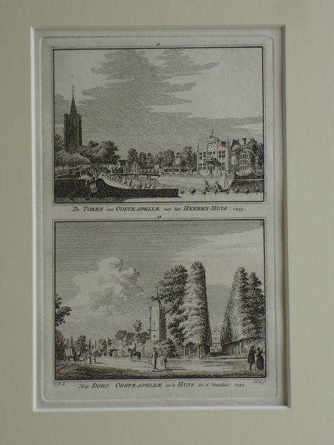 Oostkapelle. - De Toren van Oostkapelle met het Heeren-Huis 1745. - Het Dorp Oostkapelle en't Huis in't Verschiet 1745.