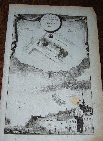 antique print (prent) - `t Maria klooster aan de west zyde van de Nesse. (Amsterdam).