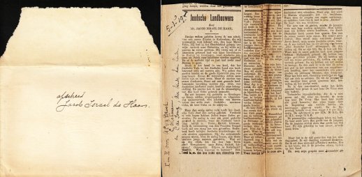 HAAN, Jacob Israël de - Twee afleveringen van De Haans feuilleton, van 5 en 8 januari 1919, in de vorm van originele krantenknipsels. In een envelop met opschrift 'afscheid Jacob Israel de Haan'. 1919.