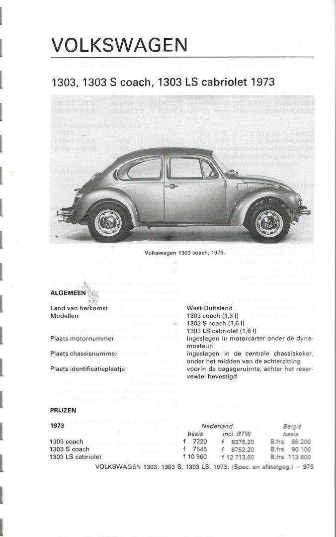 P.Olyslager - Volkswagen Kever 1303 1973 specificaties en afstelgegevens