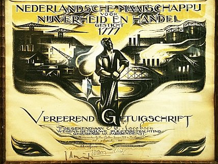 GETUIGSCHRIFT - Vereerend Getuigschrift van de Nederlandsche Maatschappij voor Nijverheid en Handel voor K. Jacobsen wegens getrouwe plichtsbetrachting gedurende 40-jarigen dienst als Kraanvoerder bij Van Gelder Zonen N.V. te Renkum.