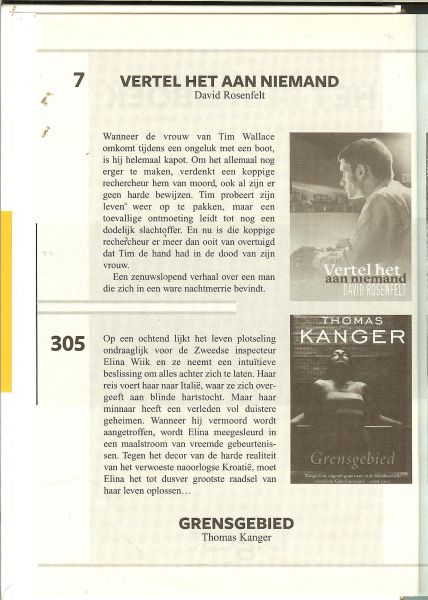 Bernards Wim .. en Feike de Keijzer & de redactie The Reader's Digest .. David Rosenfelt Alice Peterson Victoria Hislop Thomas Kanger - Het beste boek 4 beroemde boeken .. Vertel het aan niemand. Kijk naar jezelf ! Grensgebied. Het Eiland