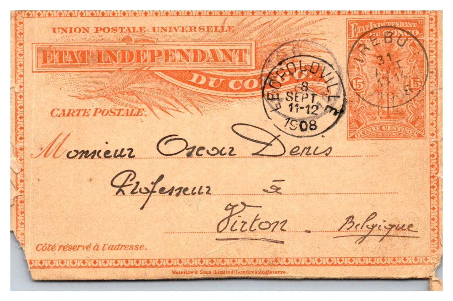 Collectie Lucas Tessens - Carte postale Congo - EIC: from Leopoldville to Virton (8/9/1908) à Oscar Denis
