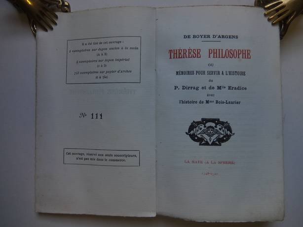 De Boyer D'Argens. - Thérèse Philosophe ou Mémoires pour servir à l'histoire du P. Dirrag et de Mlle Eradice avec l'histoire de Mme Bois-Laurier.