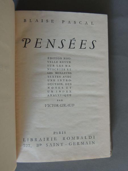 PASCAL blaise  / VICTOR GIRAUD - Pensees Edition nouvelle revue sur les manuscrits et les meilleurs textes avec une introduction, des notes et un index analytique par Victor Giraud.