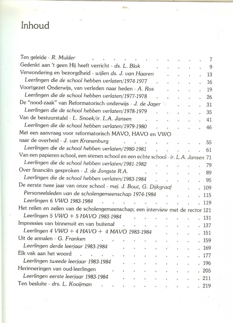 Ros.A. en R. Mulder [Eind redactie]  en Ten besluite Drs L. Kooijman Drs. L. - Gedenkt aan 't geen Hij heeft verricht Tien jaar Van Lodenstein scholengemeenschap 1974-1984