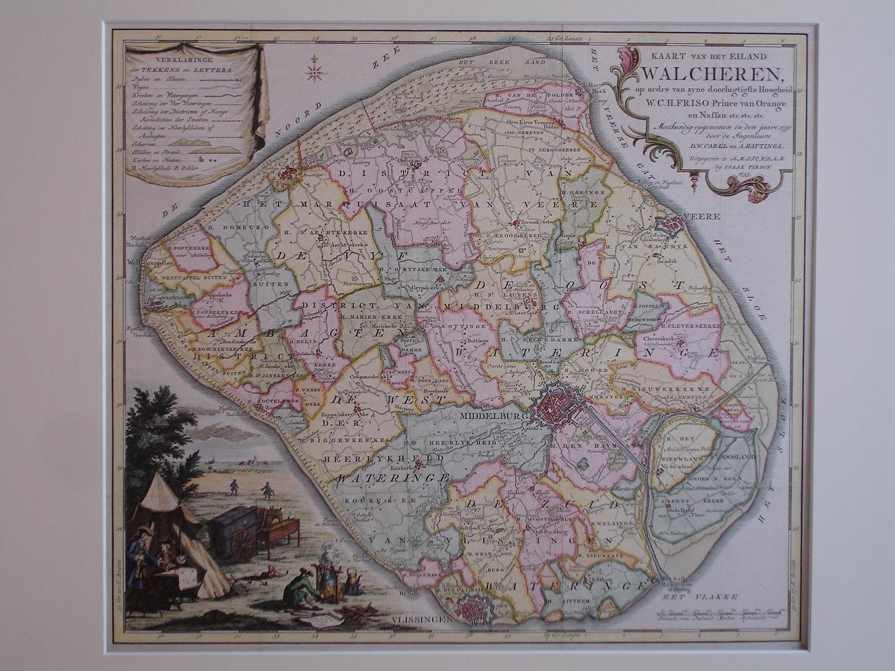 Walcheren. - Kaart van het eiland Walcheren, op ordre van zyne doorlugtigste Hoogheid W.C.H. Friso Prince van Orange en Nassau etc.etc.etc. Meetkundig opgenomen in den jaare 1750 door de Ingenieurs D.W. Carel en A. Hattinga.