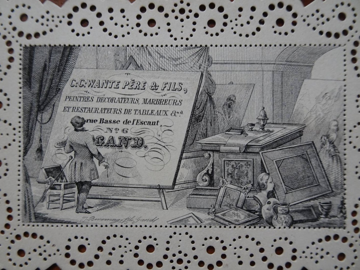 Gent / Gand. - Vier 19-eeuwse reclames van bedrijven in Gent: Franc's van Belle, Philippe Eichberger, C.C. Wante Père & Fils en J.B, Duvivier.