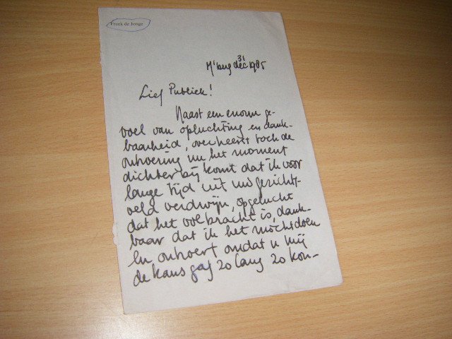 Jonge, Freek de - (gedrukte) afscheidsbrief uit 1985, voorafgaand aan oudejaarsconference bij VPRO op Ned II