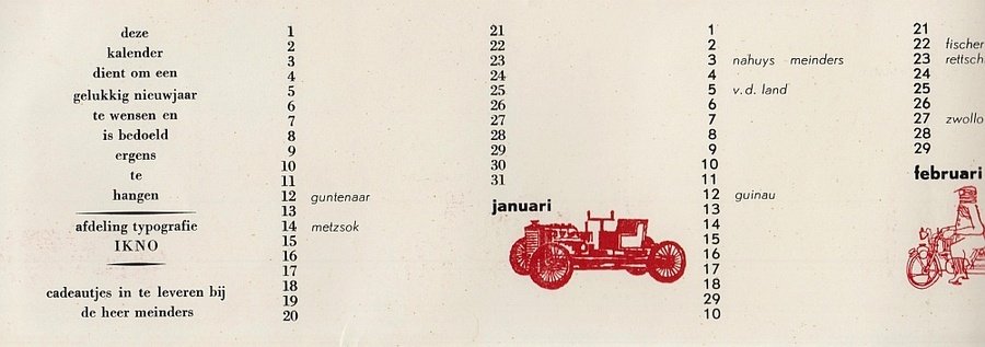 INSTITUUT VOOR KUNSTNIJVERHEIDSONDERWIJS (RIETVELD-ACADEMIE) - Kalender in vier langwerpige bladen.