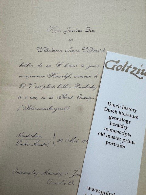  - Announcement invitation for the wedding of Henri Jacobus Bier and Wilhelmina Anna Wellensiek, Amsterdam/Ouder-Amstel 30 May 1911.