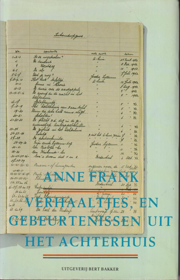 Frank (Frankfurt am Main, 12 juni 1929 – Bergen-Belsen, (waarschijnlijk) februari 1945), Annelies Marie (Anne) - Verhaaltjes, en gebeurtenissen uit het Achterhuis - met een voorwoord van Joke Kniesmeyer