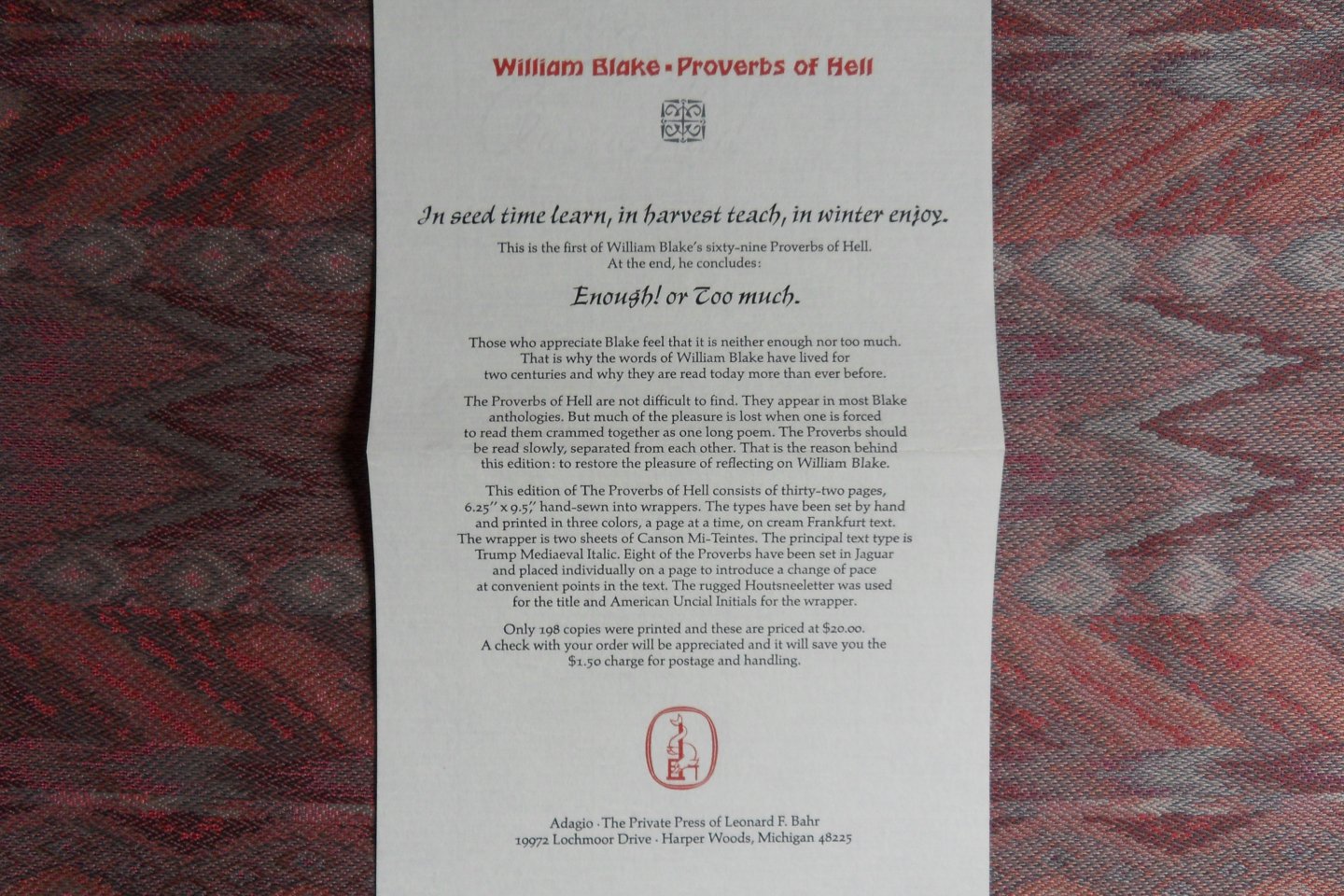 Blake, William. [ Signed by the printer ]. - Proverbs of Hell. [ Genummerd ex. 106 / 198 ].