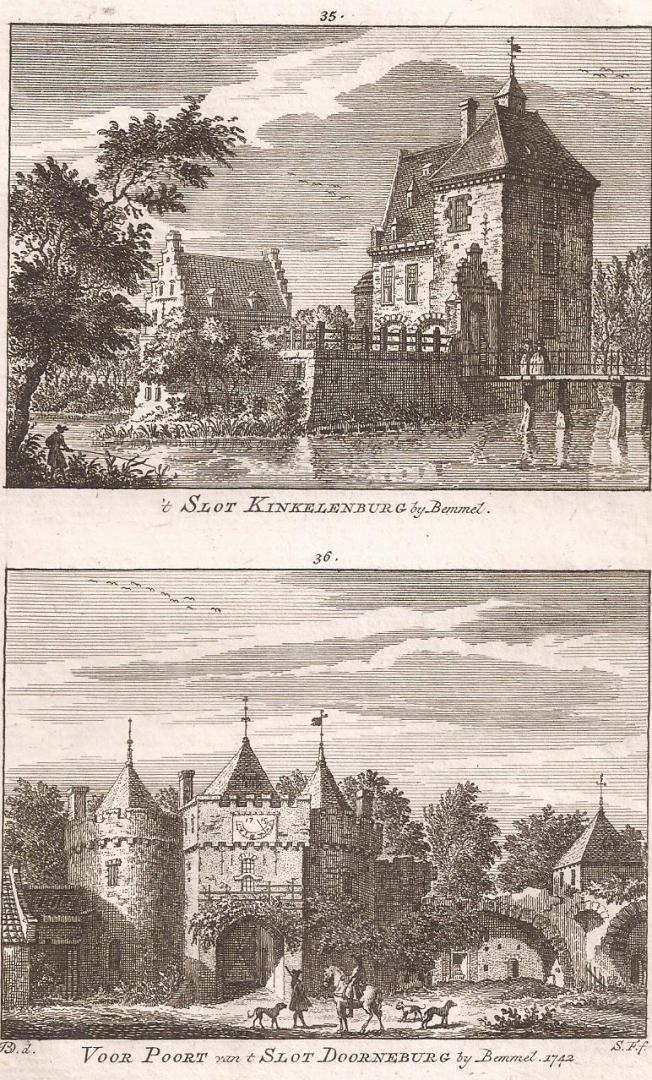 Kopergravure door Simon Fokke naar Jan de Beijer - 35. 't Slot Kinkelenburg bij Bemmel.   36. Voor Poort van 't Slot Doornenburg bij Bemmel. 1742