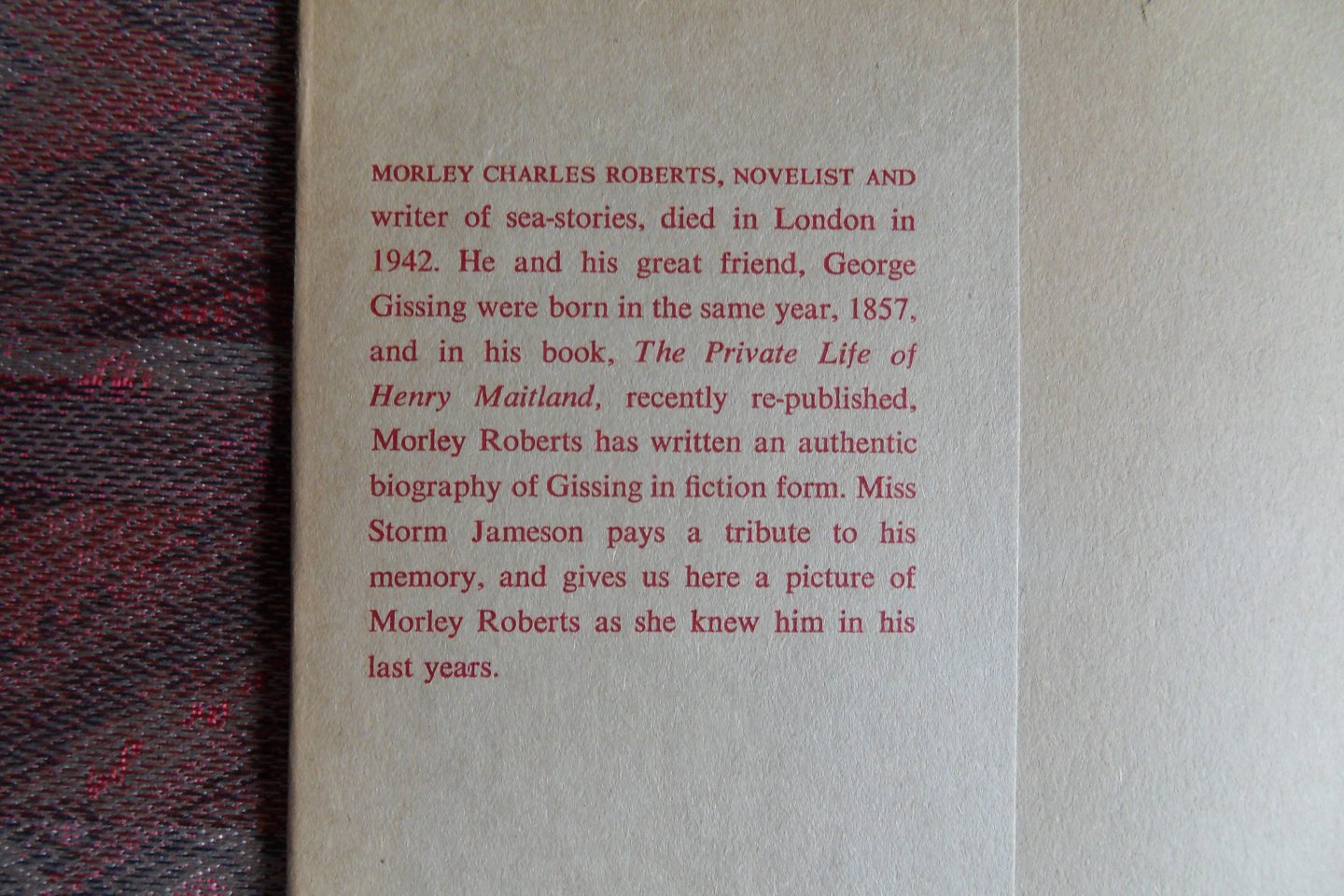 Storm Jameson, Miss (Margaret). [ 1891 - 1986 ]. - Morley Roberts, - The Last Eminent Victorian.