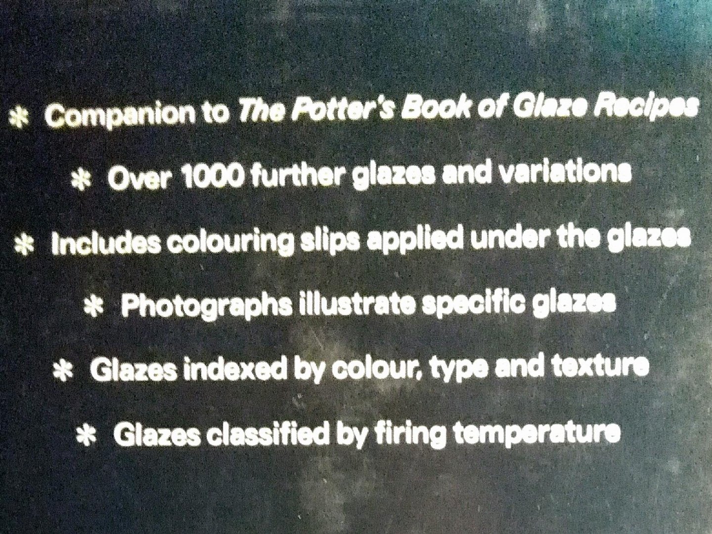 Cooper , Emmanuel . [ isbn 9780713454239 ]  inv 2716 - Cooper's Book of Glaze Recipes . ( Contains over  1000 glazes and variations . ) This is the sequel to "Potter's Book of Glaze Recipes" by the same author. The book provides over 1000 recipes and variations and a wide range of temperatures and -