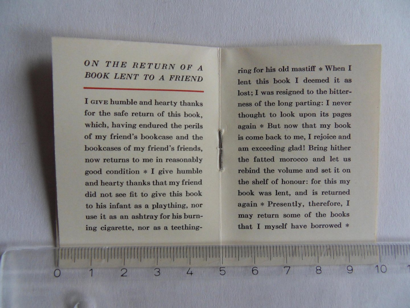 Author Unknown. [ Probably Norman W. Forgue - printer of the Black Cat Press ]. - On the Return of A BOOK Lent to a Friend. [ 500 copies only ].