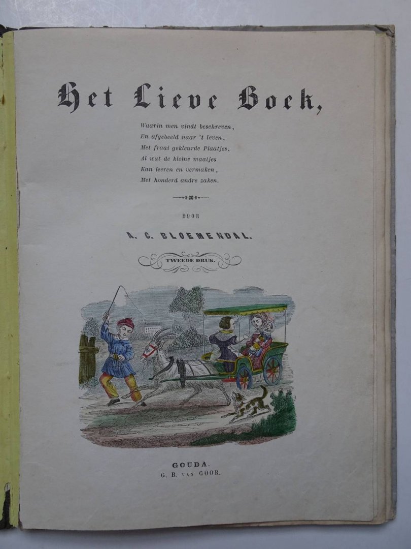 Bloemendal, A.C. - Het Lieve Boek, Waarin men vindt beschreven, En afgebeeld naar 't leven, Met fraai gekleurde Plaatjes, Al wat de kleine maatjes Kan leeren en vermaken, Met honderd andre zaken.