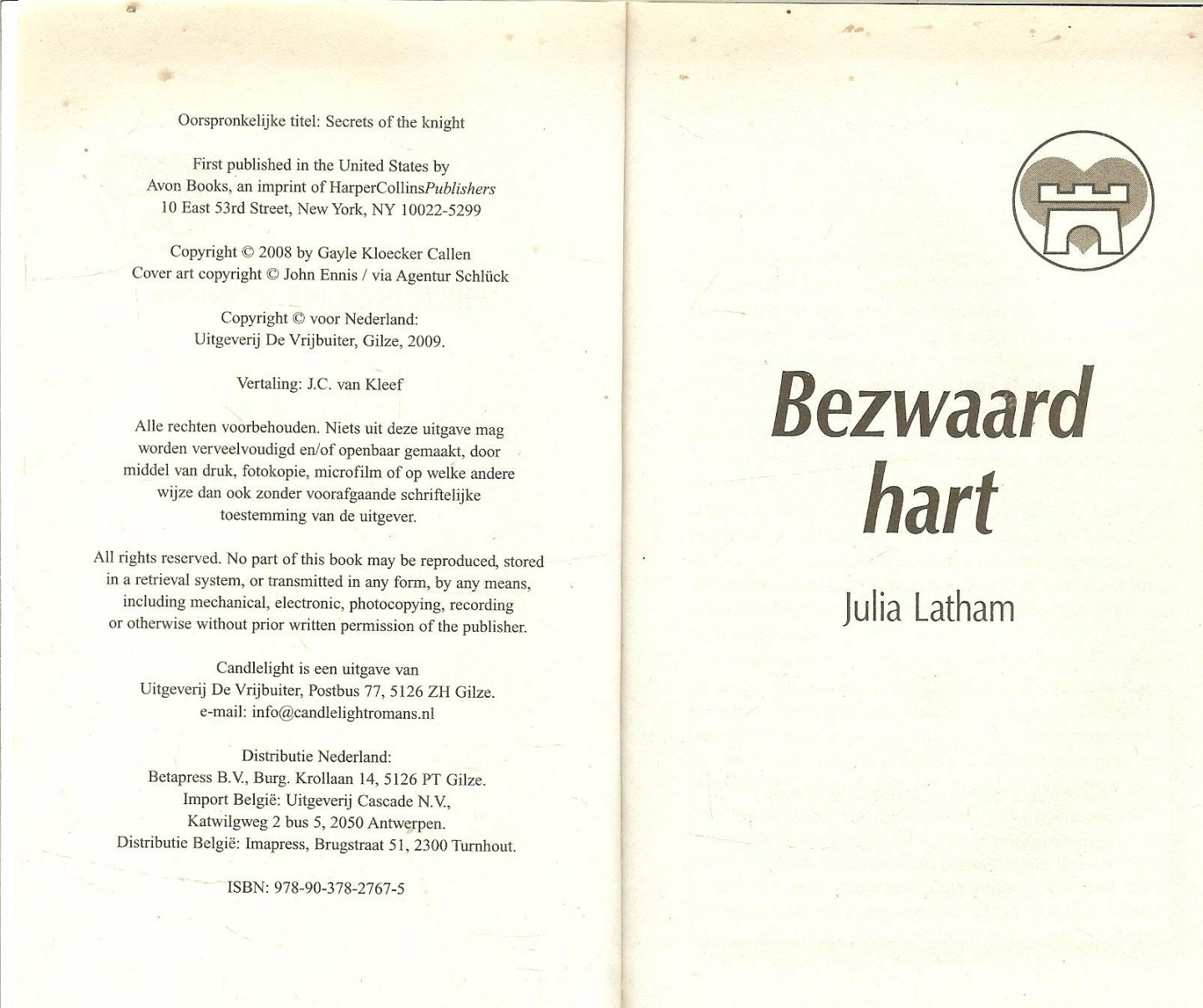 Latham Julia Vertaling Translance J.C. van Kleef - Bezwaard Hart  Candlelight Historische roman  810