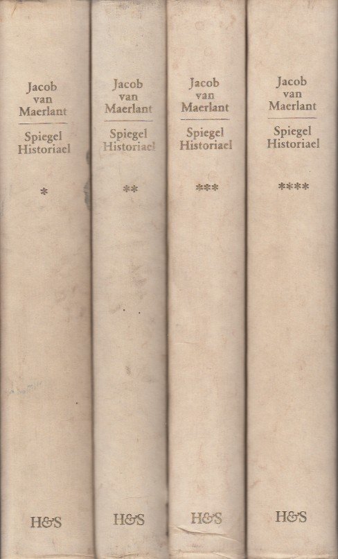 Maerlant, Jacob van - Spiegel Historiael. Met de fragmenten der later toegevoegde gedeelten, bewerkt door Philip Utenbroeke en Lodewijc van Verthem. 4 delen.