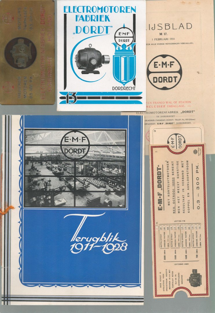 brochure - (BEDRIJF CATALOGUS - TRADE CATALOGUE) Terugblik 1911-1928 : ontstaan en groei der electromotorenfabriek Dordt [=E.M.F. Dordt]. + prijsblad 1931 + folder / telegramkaart
