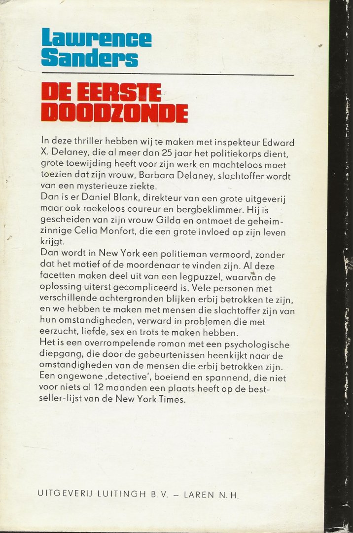 Sanders  Lawrence   Vertaald door Co de Groot  Omslagontwerp Henk de Boer - De Eerste  Doodzonde