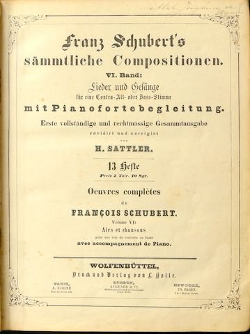 Schubert, Franz: - Franz Schubert`s sämmtliche Compositionen. VI. Band Lieder und Gesänge für eine Contra-Alt oder Bass-Stimme mit Begleitung des Pianoforte revidirt und corrigirt von H. Sattler. 13 Hefte. Heft 102 - 114