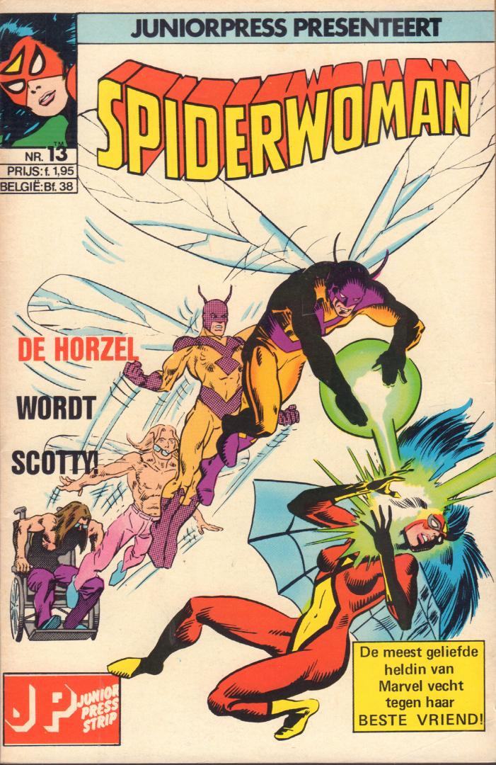 Junior Press - Spiderwoman # 13, De Horzel WordtScotty !, geniete softcover, zeer goede staat