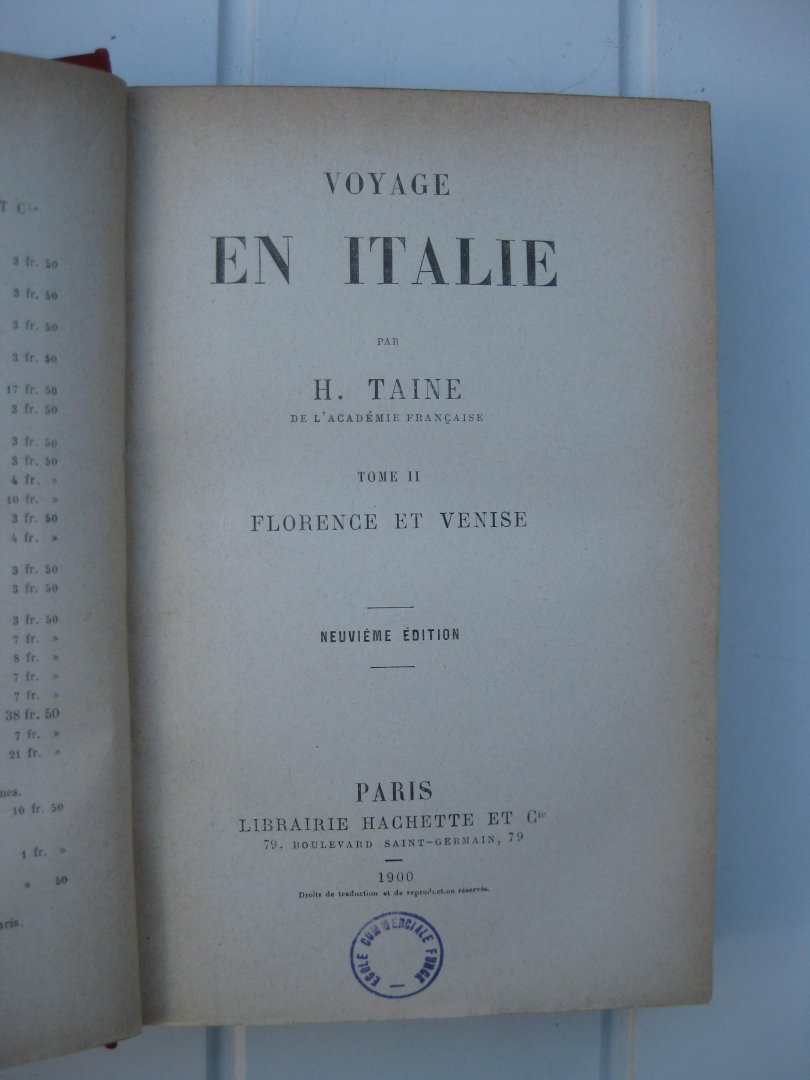 Taine, H. - Voyage en Italie. Tome II. Florence et Venise.