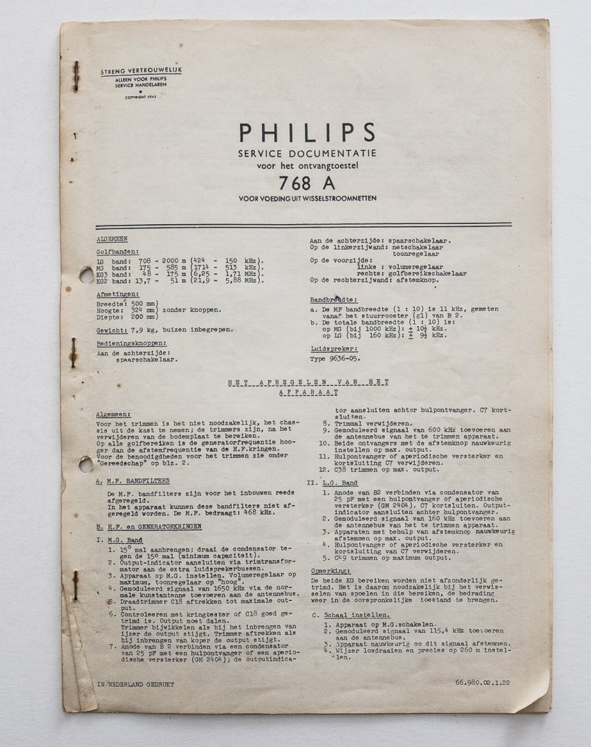  - Philips service documentatie - voor het ontvangtoestel 768A -  voor voeding uit wisselstroomnetten