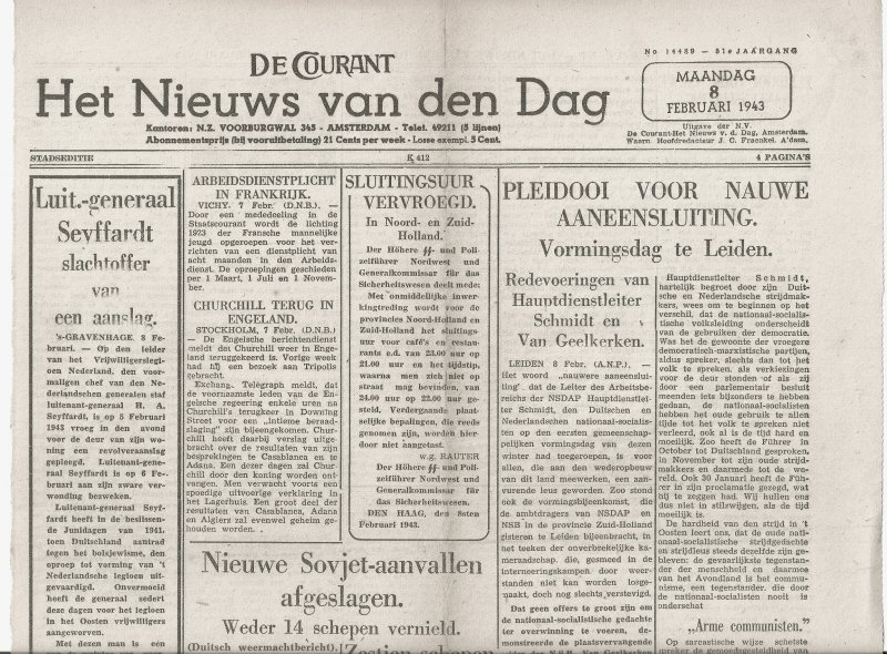 krant/dagblad - De Courant - Het  Nieuws van den Dag  -  Maandag 8 Februari 1943